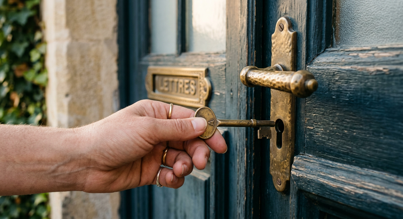 Clé de maison tenue devant une porte d'entrée en bois